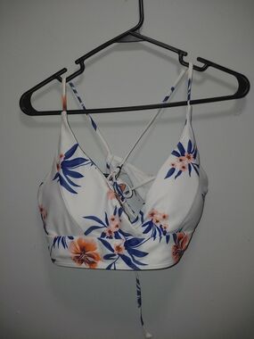 Zaful White Floral Lace-Up Bikini Top with Blue & Orange Print. XXL NWT